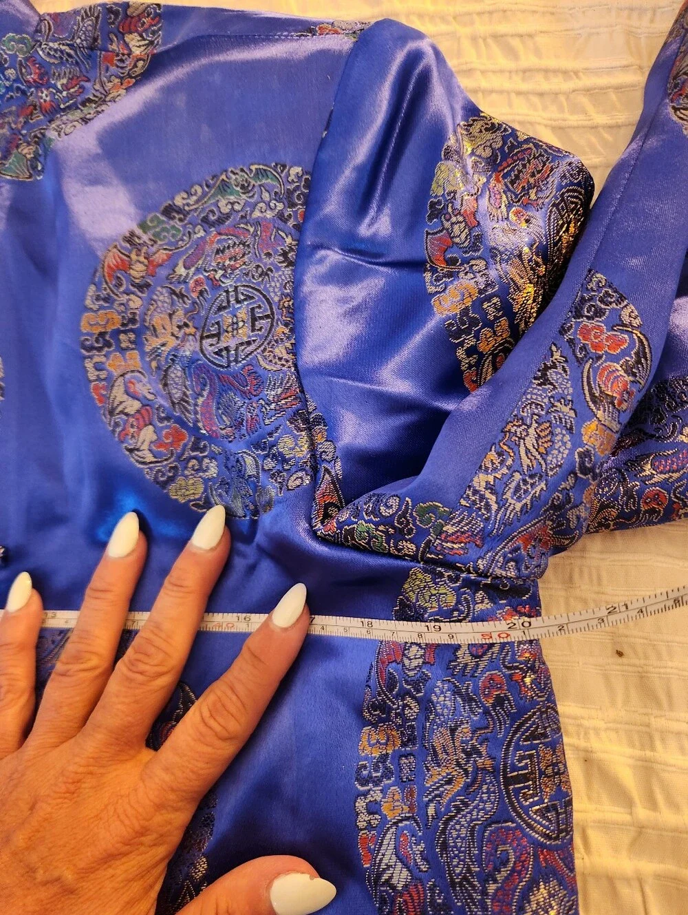 Blue Satin Brocade Jacket with Intricate Medallion Pattern Asian Oriental Large